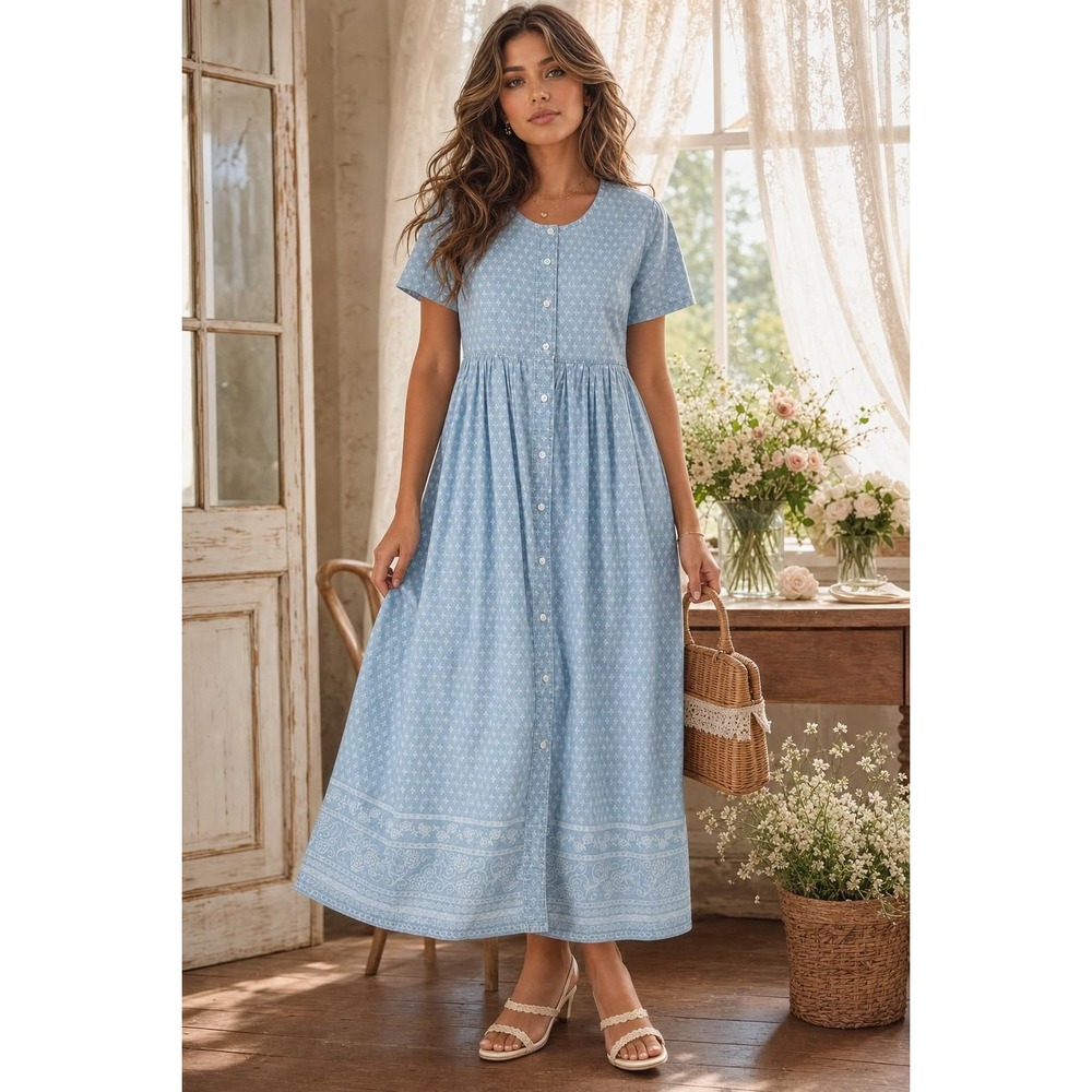 Vintage FADS Denim Prairie Dress Womens 12 Blue White Print Cottagecore Midi